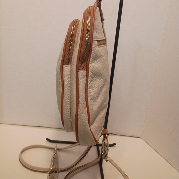 Y2K VALENTINA Convertible Sling Bag Day Pack Ivory Pebbled Leather Brown Trim - Picture 5 of 15